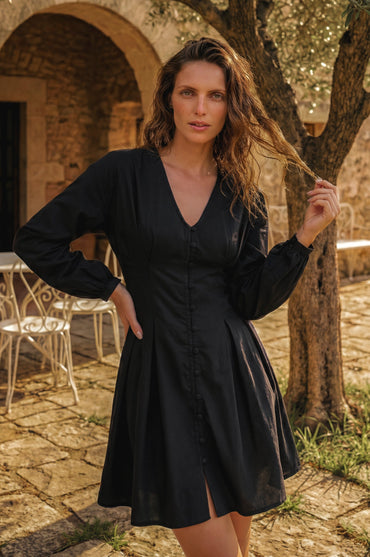 Etna Black Linen Long Sleeve Mini Dress Cinched Waist Lightweight-0