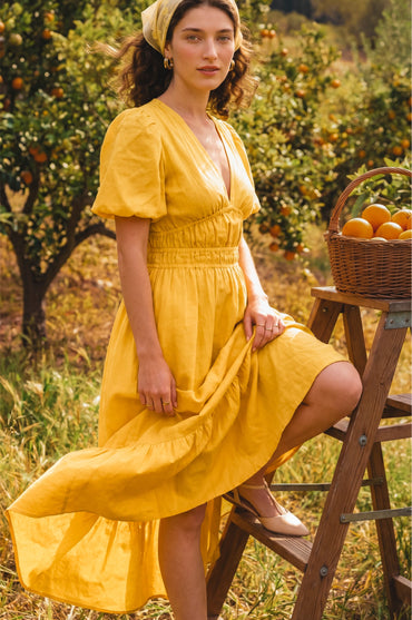 Ida Linen Midi Dress Blue V Neck Tiered Skirt Puffed Sleeves Summer Dress-6