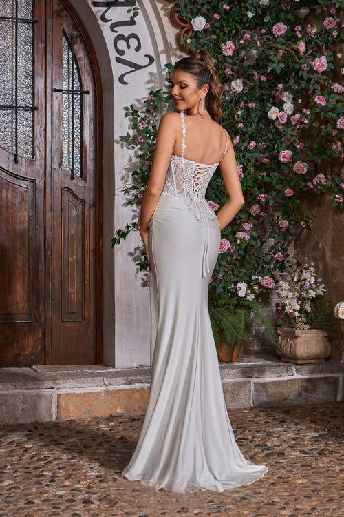 Navy Ivory Mermaid Dress with Lace Corset Back and Floral Details-1