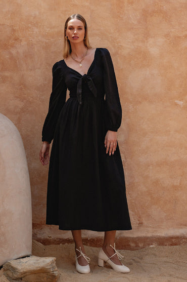 Narcisa Puff Sleeve Linen Midi Dress Shirred Waist Elastic Sleeves-6