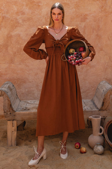 Narcisa Puff Sleeve Linen Midi Dress Shirred Waist Elastic Sleeves-5