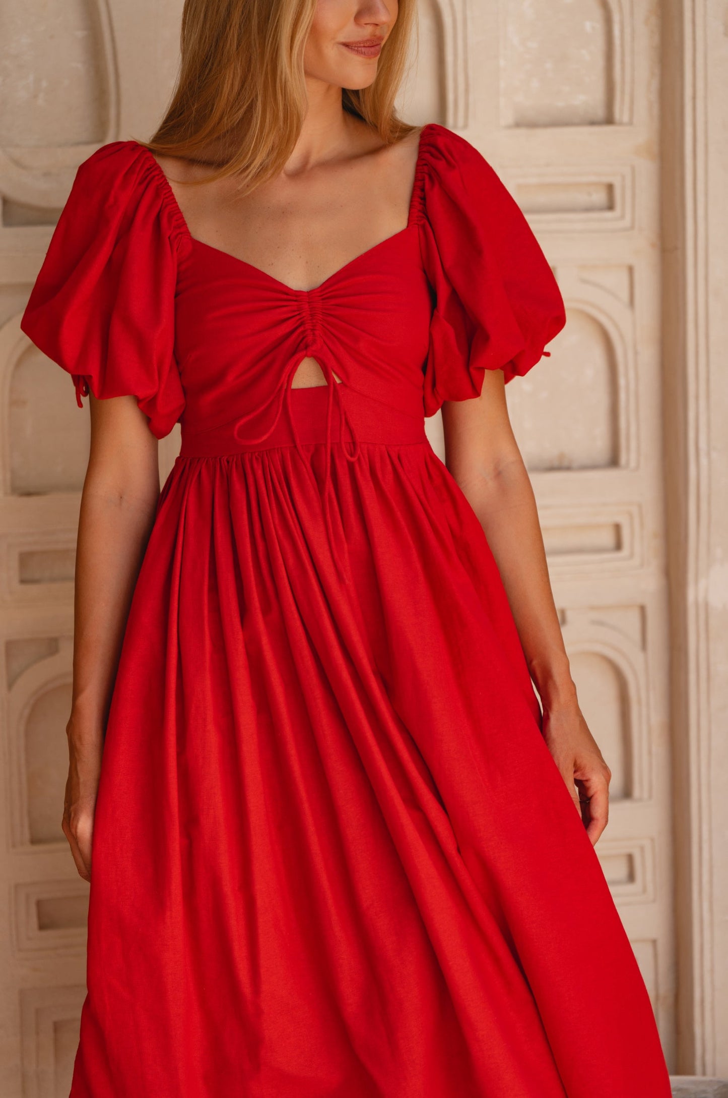 Atrani Puff Sleeve Linen Midi Dress Smocked Back Red Breathable Summer Dress-3