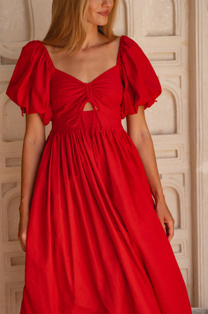Atrani Puff Sleeve Linen Midi Dress Smocked Back Red Breathable Summer Dress-3