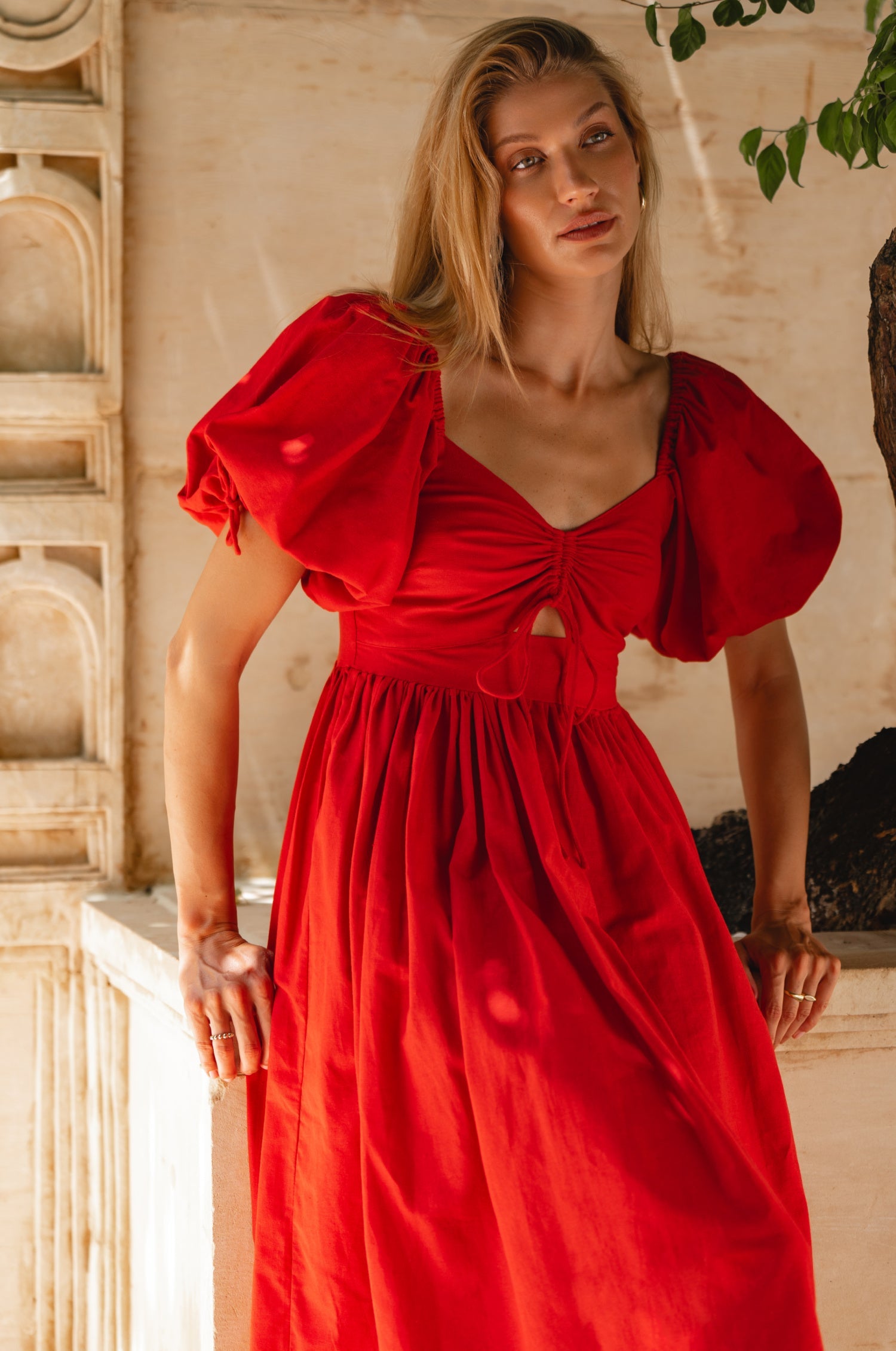 Atrani Puff Sleeve Linen Midi Dress Smocked Back Red Breathable Summer Dress-4