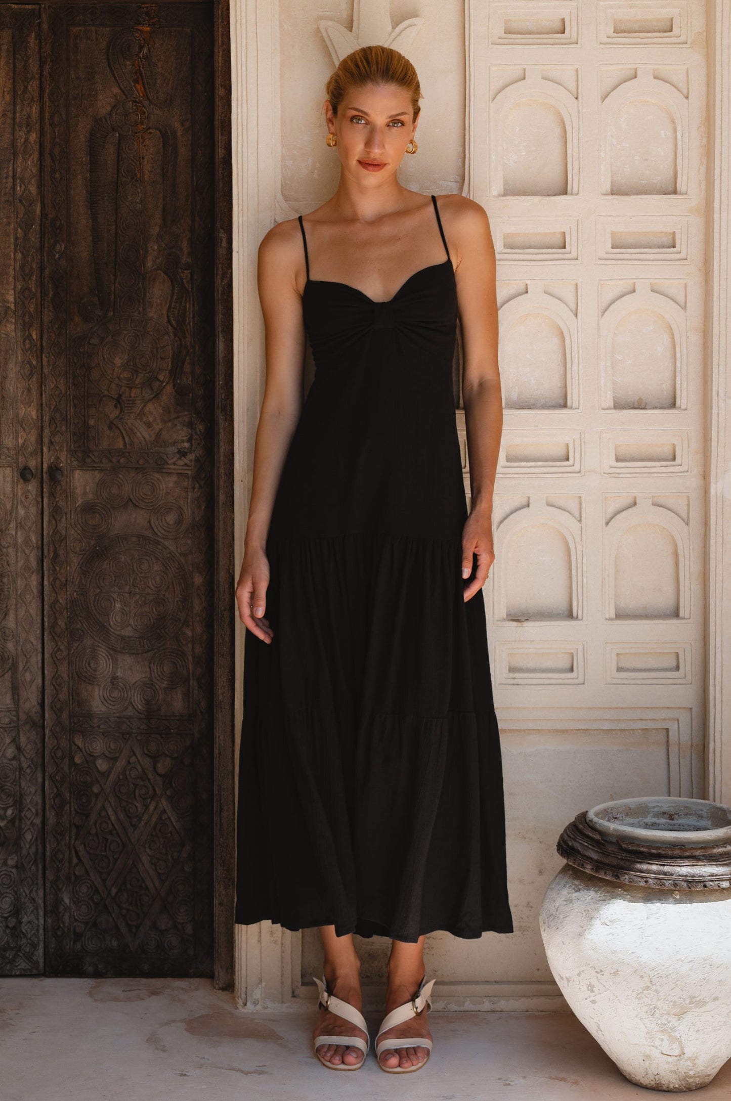Aurelia Linen Maxi Dress Black Lightweight Shirred Back Adjustable Straps Summer Dress-1