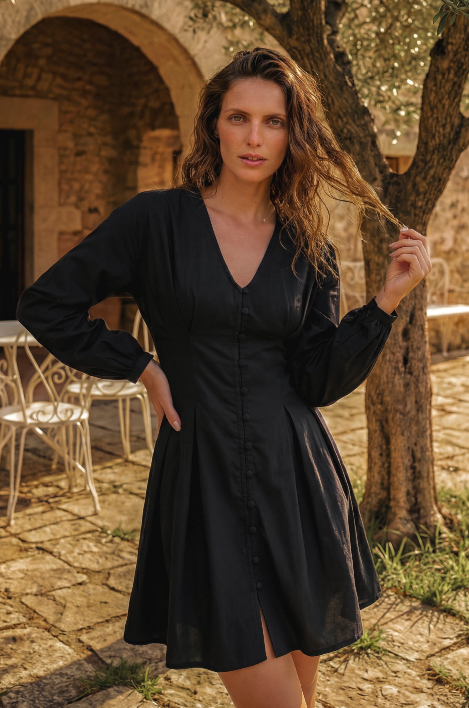 Etna Black Linen Long Sleeve Mini Dress Cinched Waist Lightweight-0