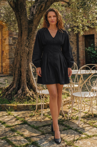 Etna Black Linen Long Sleeve Mini Dress Cinched Waist Lightweight-1