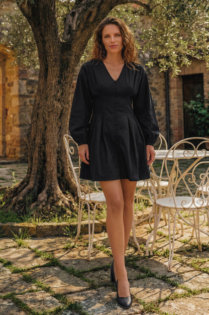 Etna Black Linen Long Sleeve Mini Dress Cinched Waist Lightweight-1