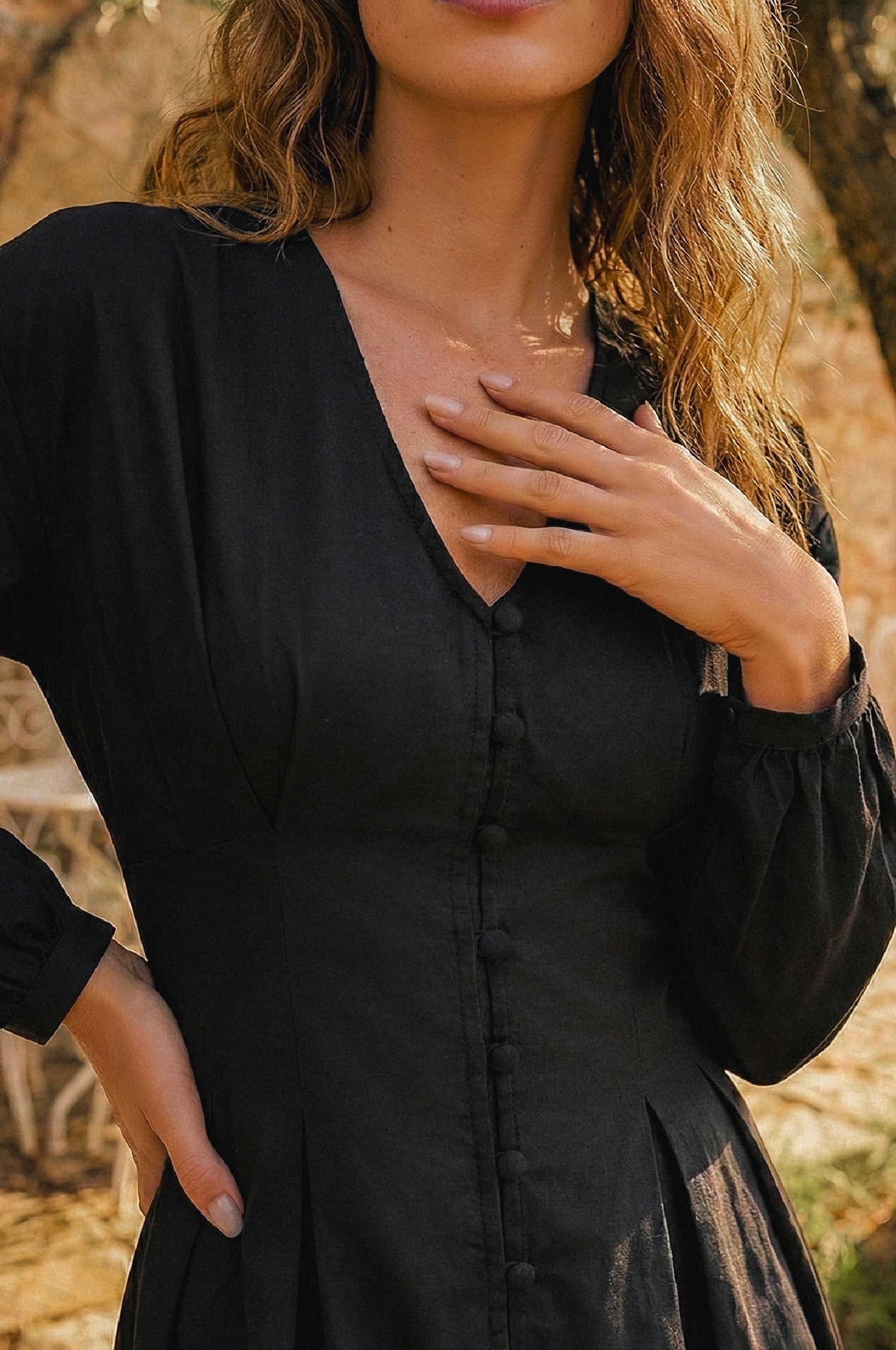 Etna Black Linen Long Sleeve Mini Dress Cinched Waist Lightweight-2