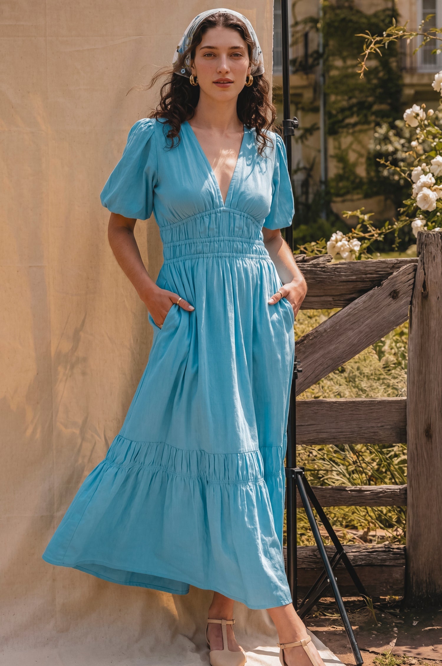 Ida Linen Midi Dress Blue V Neck Tiered Skirt Puffed Sleeves Summer Dress-0