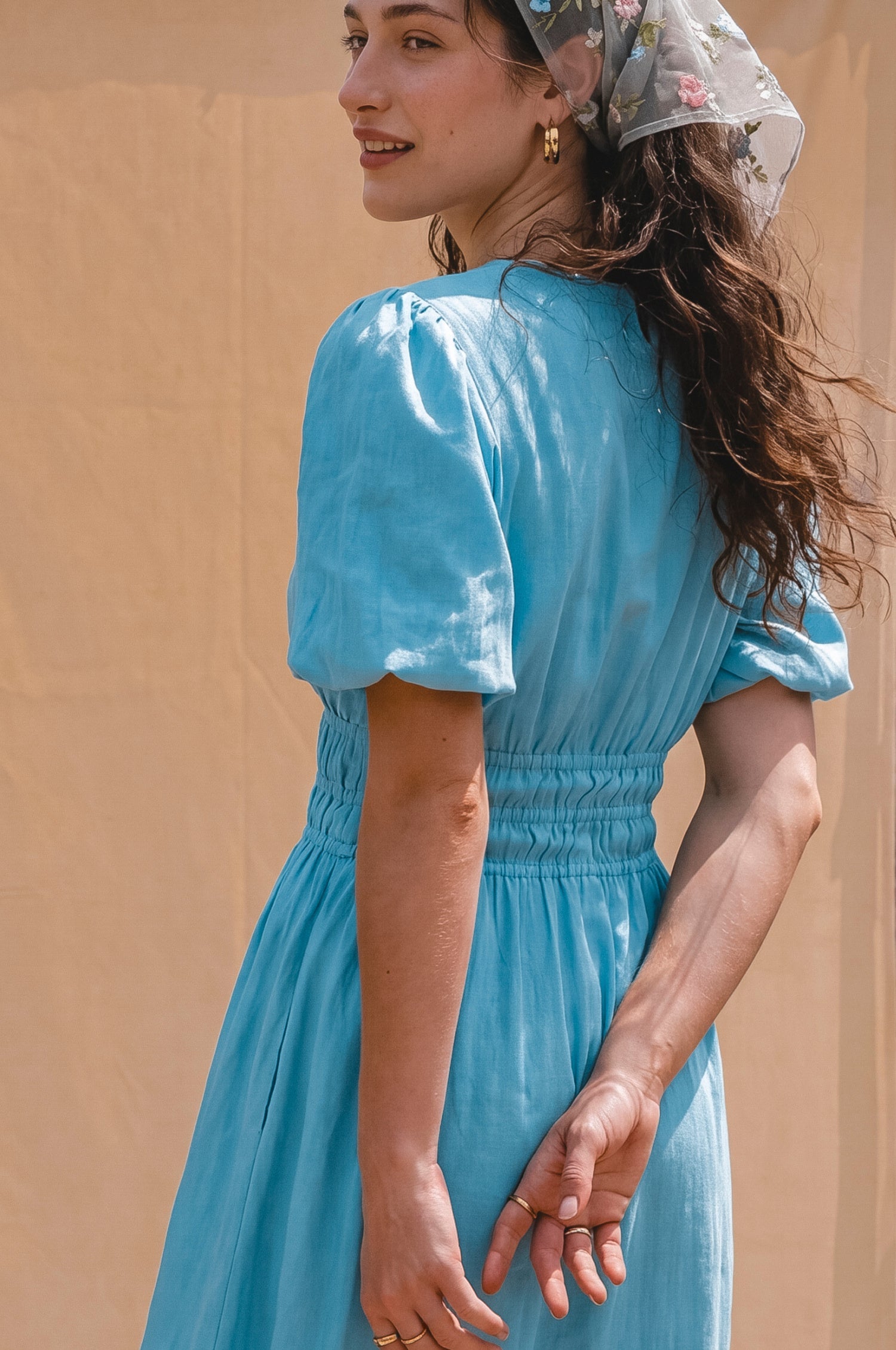 Ida Linen Midi Dress Blue V Neck Tiered Skirt Puffed Sleeves Summer Dress-3