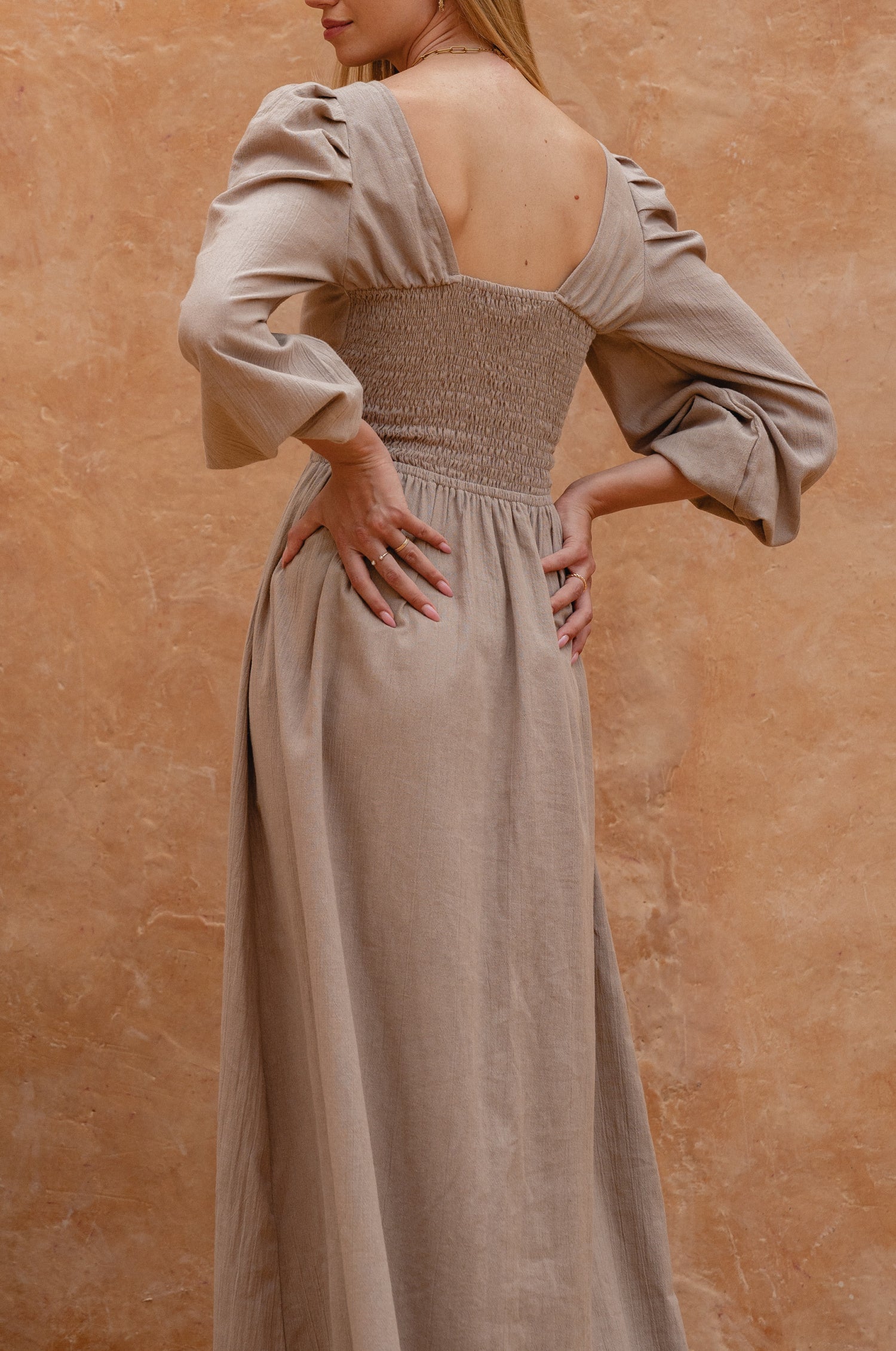 Narcisa Puff Sleeve Linen Midi Dress Shirred Waist Elastic Sleeves-4