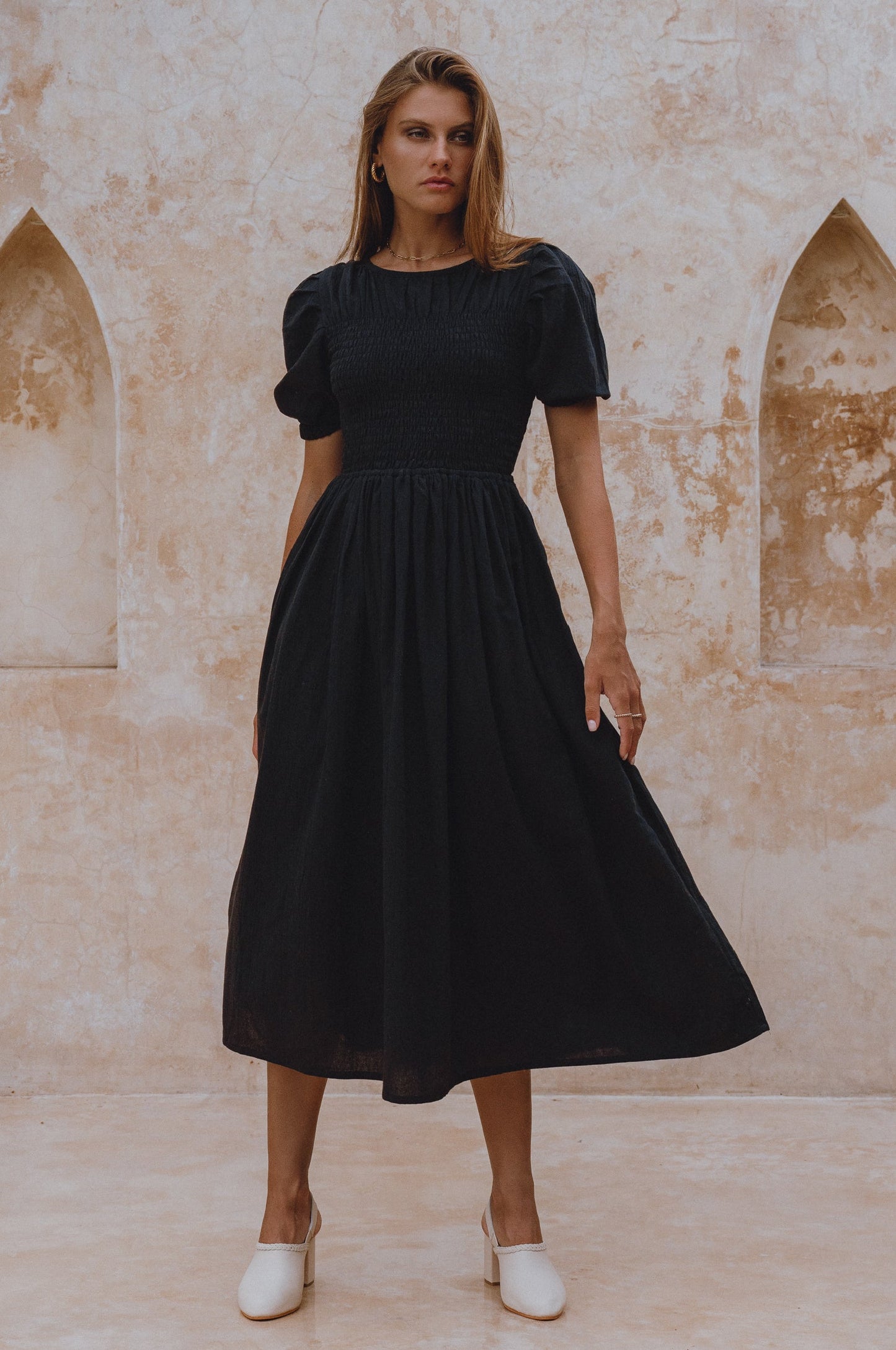 Sophie Smocked Linen Midi Dress Lightweight Puff Sleeve Black-0