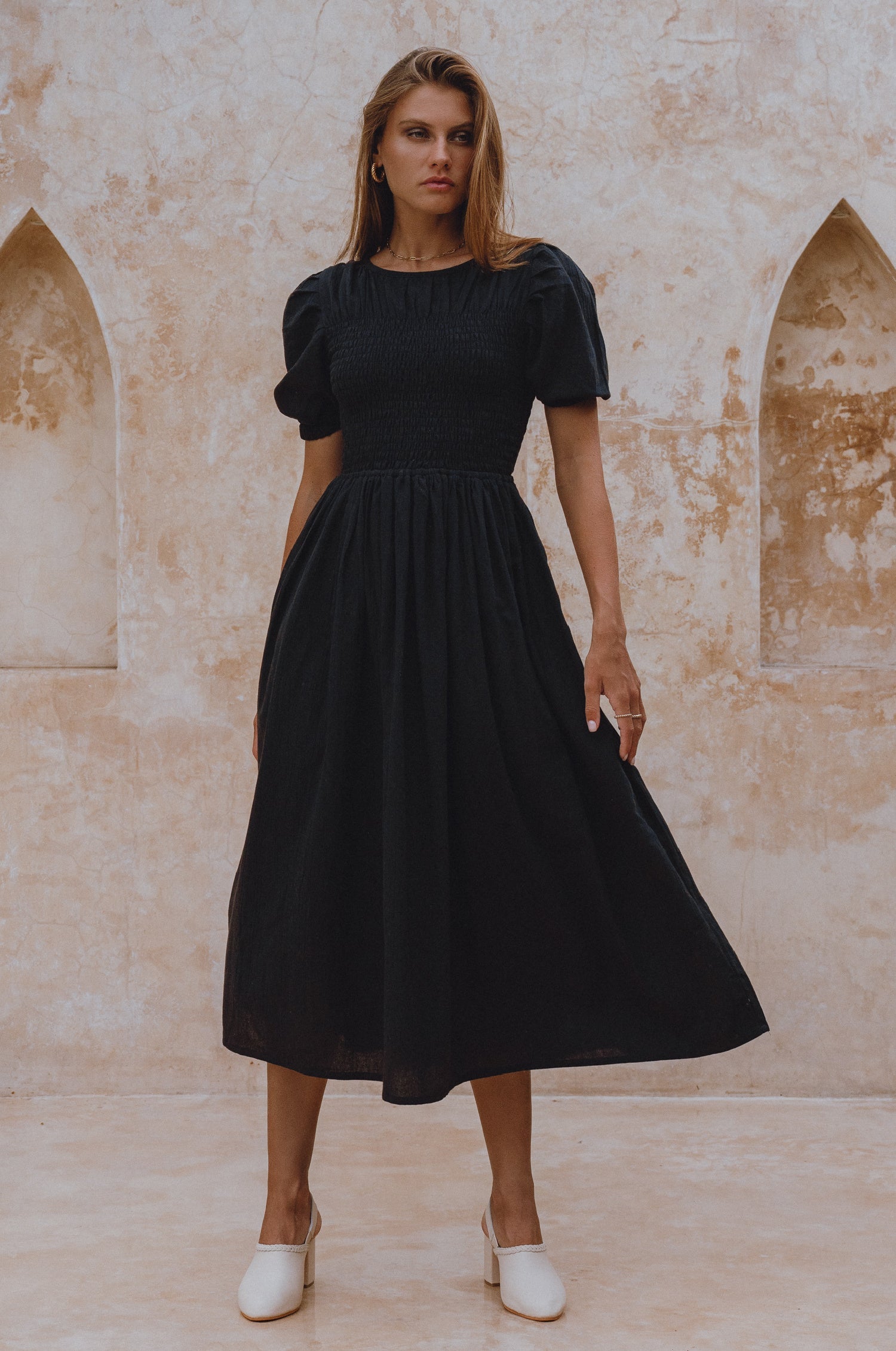 Sophie Smocked Linen Midi Dress Lightweight Puff Sleeve Black-0