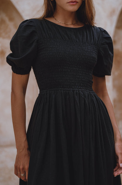 Sophie Smocked Linen Midi Dress Lightweight Puff Sleeve Black-1