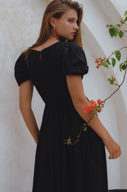 Sophie Smocked Linen Midi Dress Lightweight Puff Sleeve Black-4