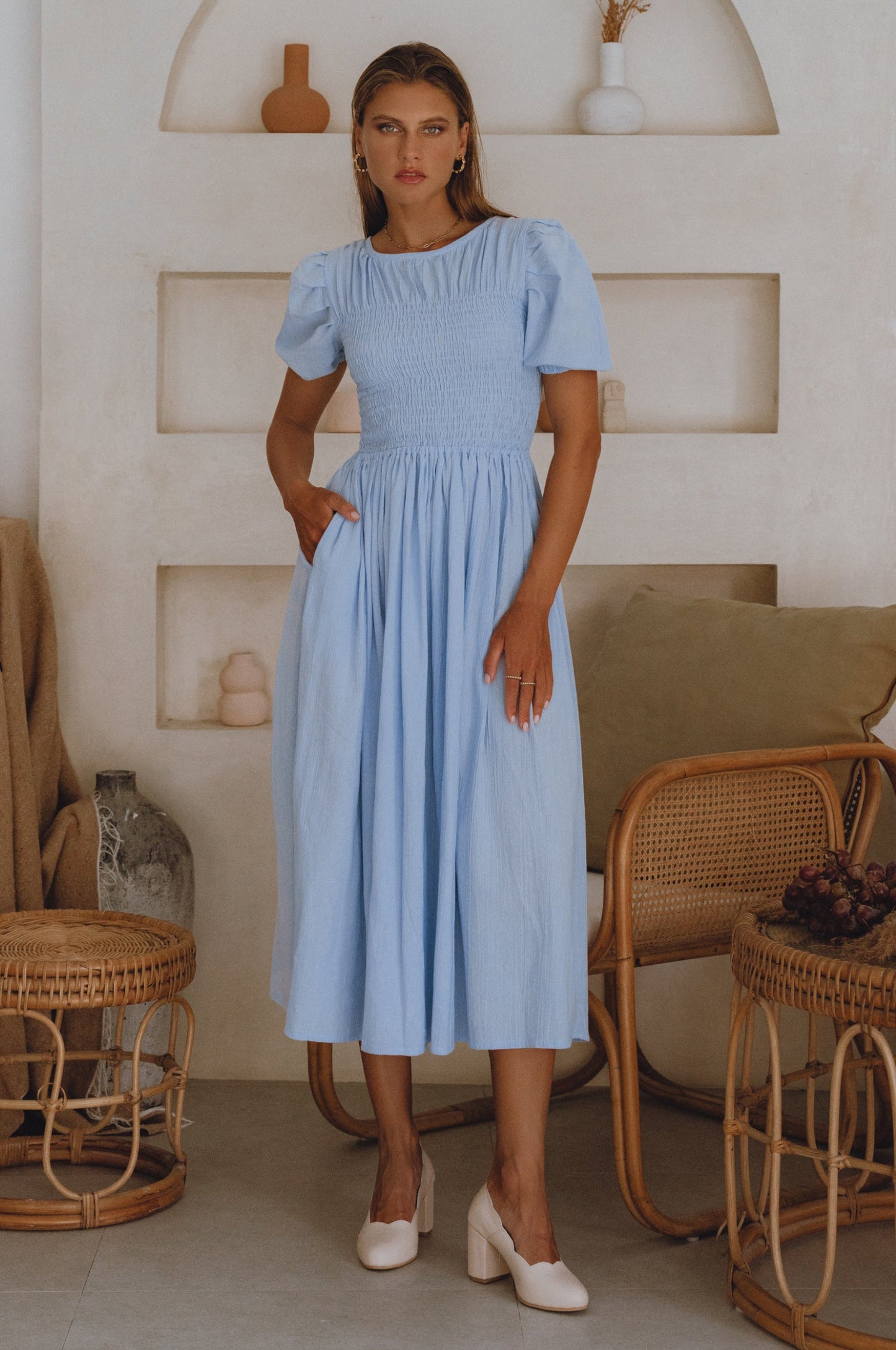 Sophie Smocked Linen Midi Dress Lightweight Puff Sleeve Summer Dress-3