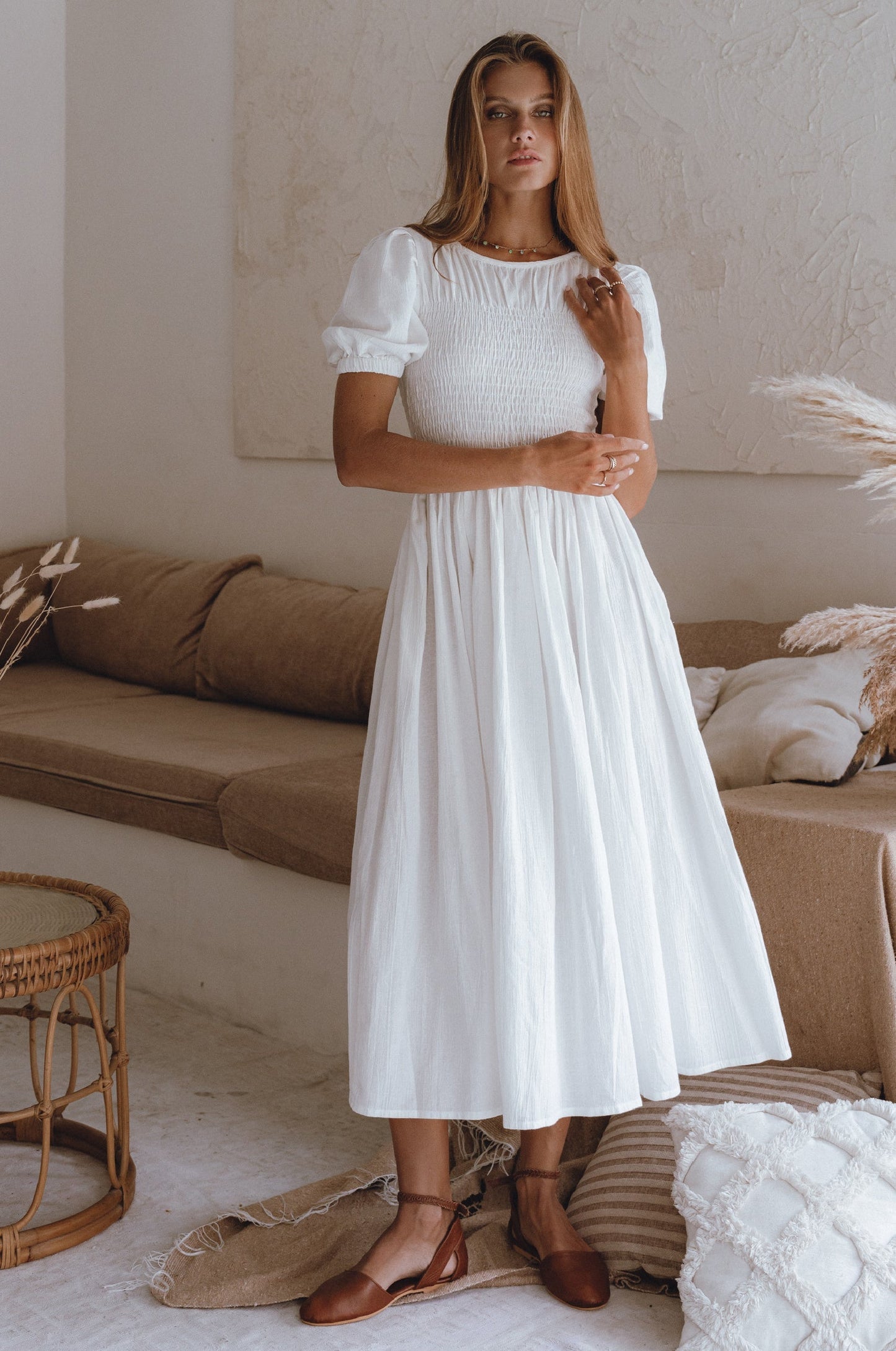 Sophie Smocked Linen Midi Dress Lightweight Puff Sleeve Summer Dress-7