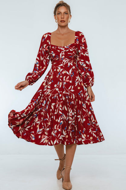 Verona Long Sleeve Midi Dress Puff Sleeve Smocked Back Sale-6