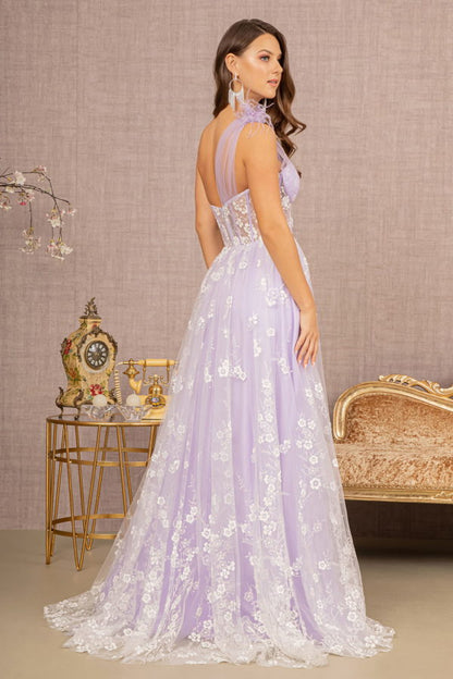 Feather Sheer Bodice Asymmetric A-line Dress with Flower Applique-2