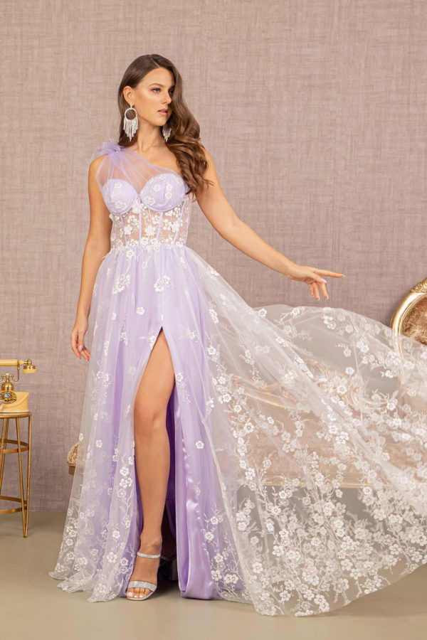 Feather Sheer Bodice Asymmetric A-line Dress with Flower Applique-3